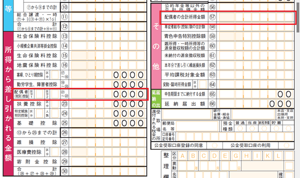 「所得から差し引かれる金額」内の「配偶者」欄・「その他」内の「配偶者の合計所得金額」欄
