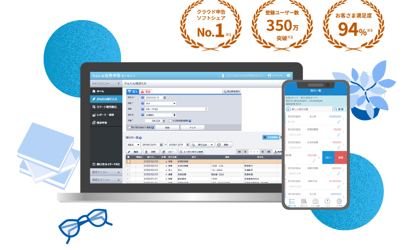 クラウド申告ソフトシェアNo.1 ※1 登録ユーザー数 310万突破 ※2 お客さま満足度94% ※3