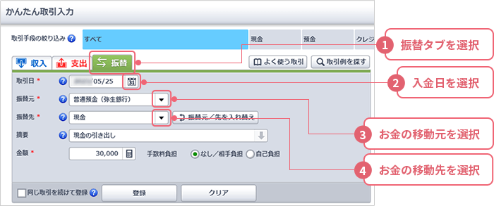 1 振替タブを選択 2 入金日を選択 3 [▼]をクリックして選択