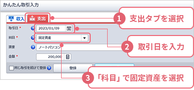 ①［支出］タブを選択 ②「取引日」を入力 ③「科目」で「固定資産」を選択