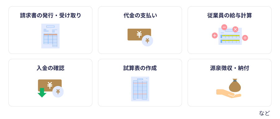 請求書の発行・受け取り、代金の支払い、従業員の給与計算、入金の確認、試算表の作成、源泉徴収・納付など